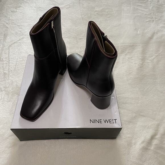 Nine West Dither Ankle Boot Women's Merlot 600 Leather Zip Up Block Heel Size 8 - Picture 1 of 7